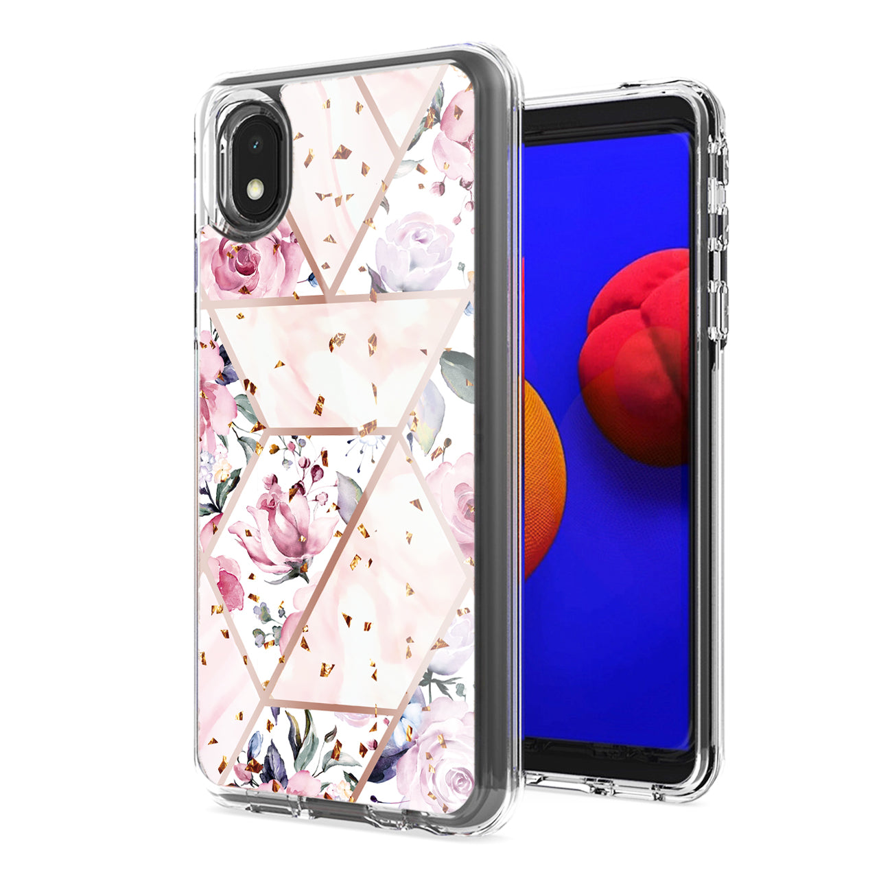 Flower Design Dual Layer Hybrid Hard & Soft TPU Case for SAMS GALAXY A01 CORE In Pink Base Flower