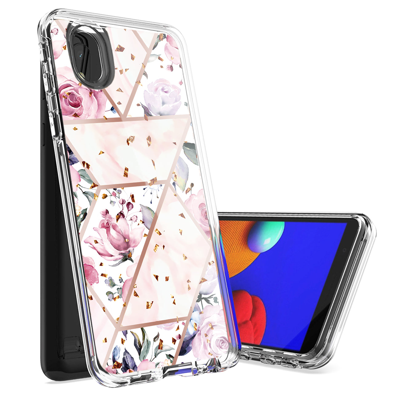 Flower Design Dual Layer Hybrid Hard & Soft TPU Case for SAMS GALAXY A01 CORE In Pink Base Flower