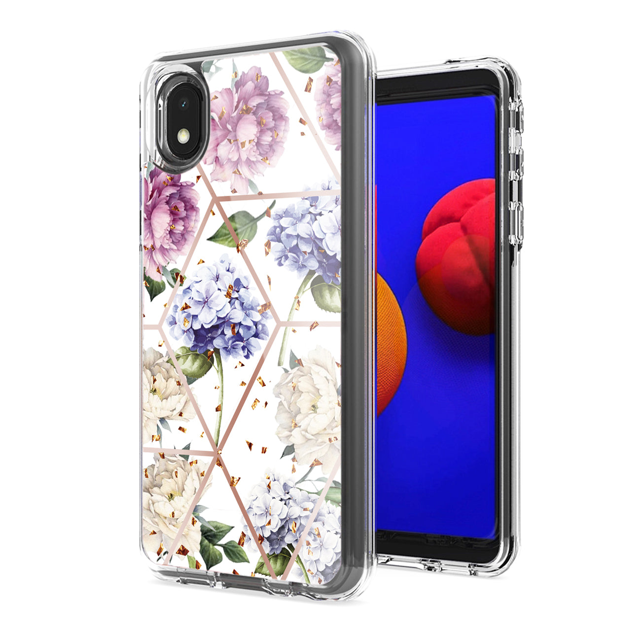 Flower Design Dual Layer Hard & Soft TPU Case for SAMS GALAXY A01 CORE In Light Purple Base Flower
