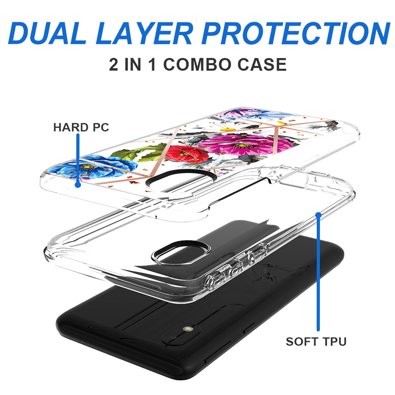 Flower Design Dual Layer Hybrid Hard & Soft TPU Case for SAMS GALAXY A01 CORE In Blue Base flower