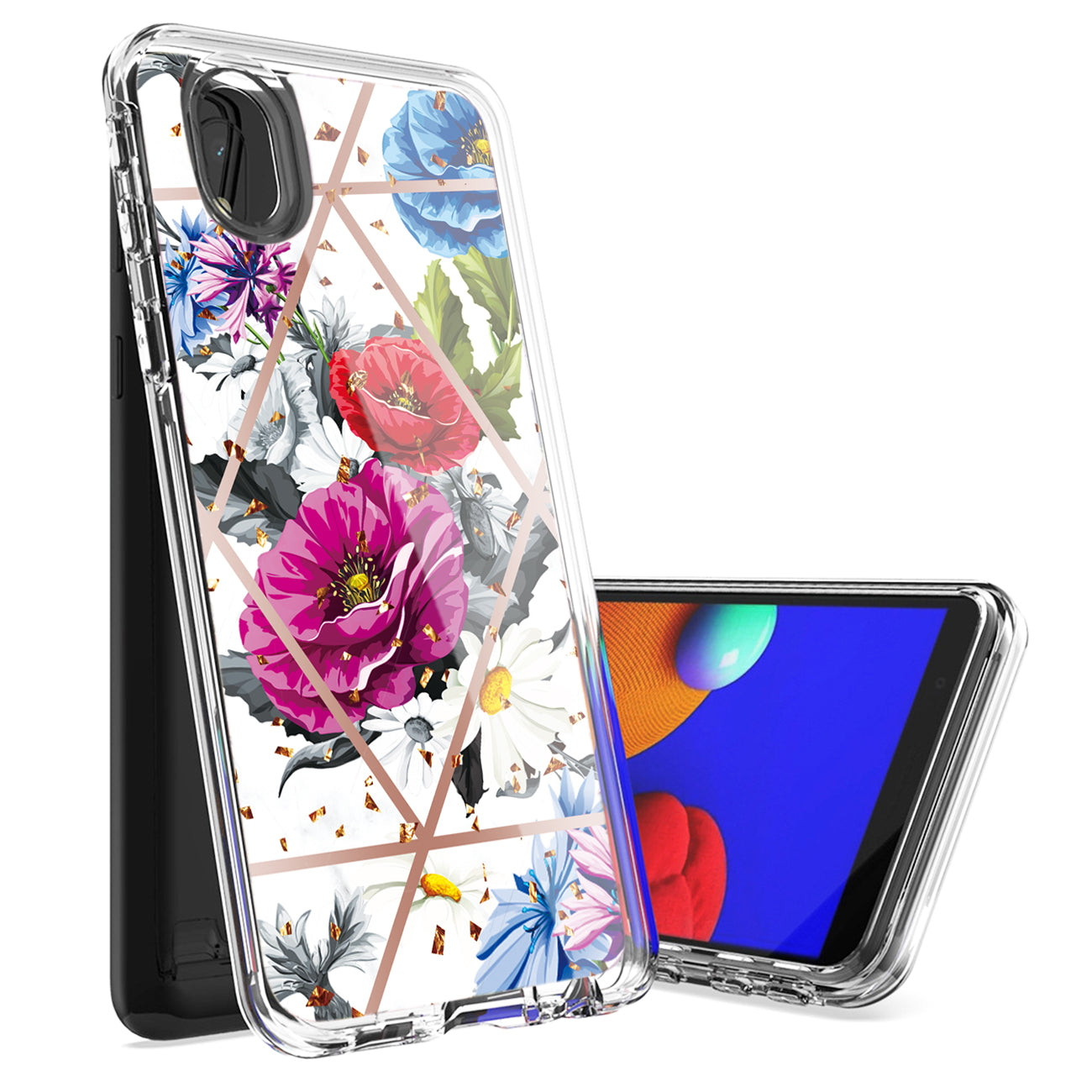 Flower Design Dual Layer Hybrid Hard & Soft TPU Case for SAMS GALAXY A01 CORE In Blue Base flower