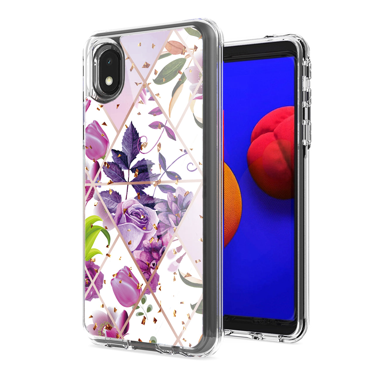 Flower Design Dual Layer Hybrid Hard & Soft TPU Case for SAMS GALAXY A01 CORE In Purple Base Flower
