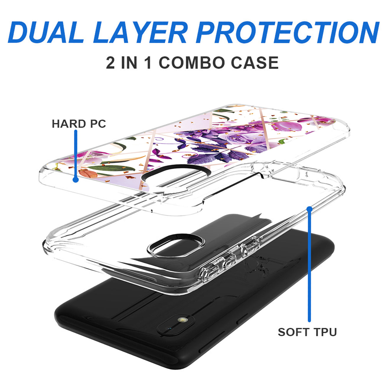 Flower Design Dual Layer Hybrid Hard & Soft TPU Case for SAMS GALAXY A01 CORE In Purple Base Flower