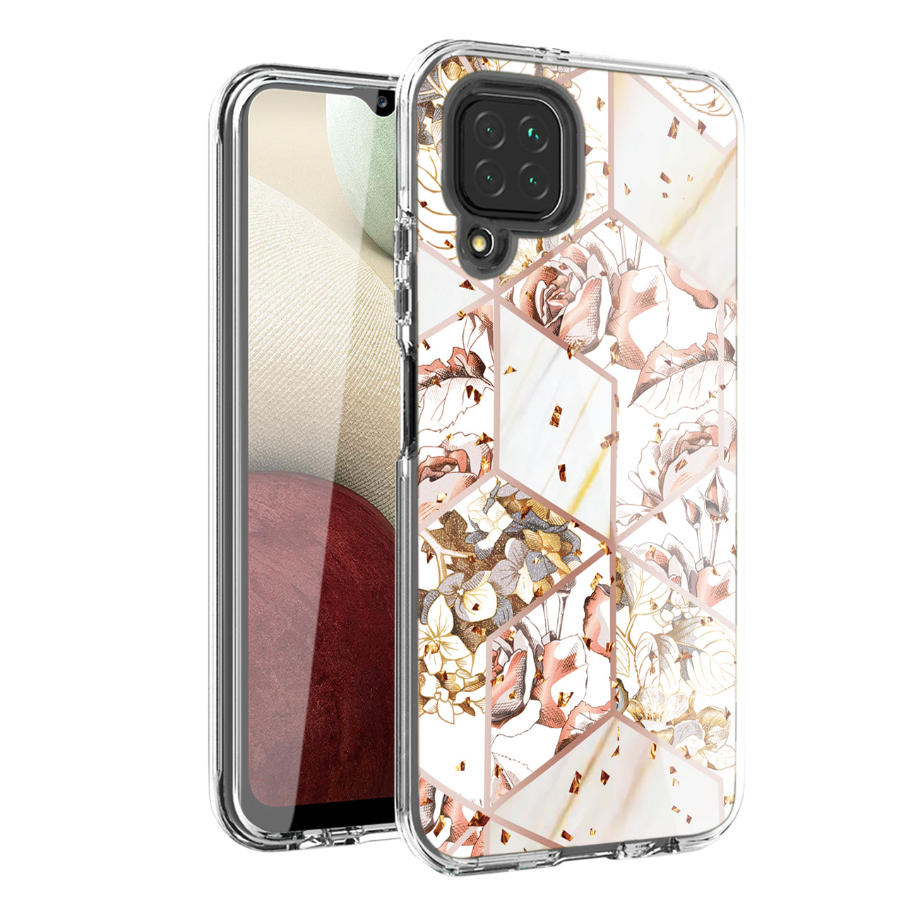 Flower Design Dual Layer Hybrid Hard & Soft TPU Case for SAMS GALAXY A12 5G In White Base Flower