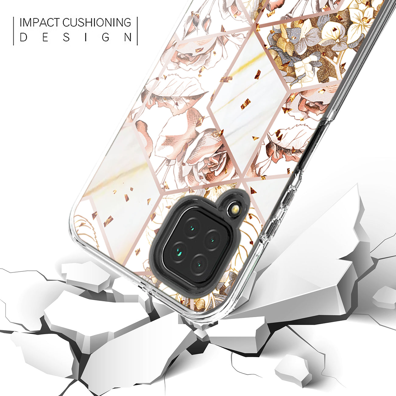 Flower Design Dual Layer Hybrid Hard & Soft TPU Case for SAMS GALAXY A12 5G In White Base Flower