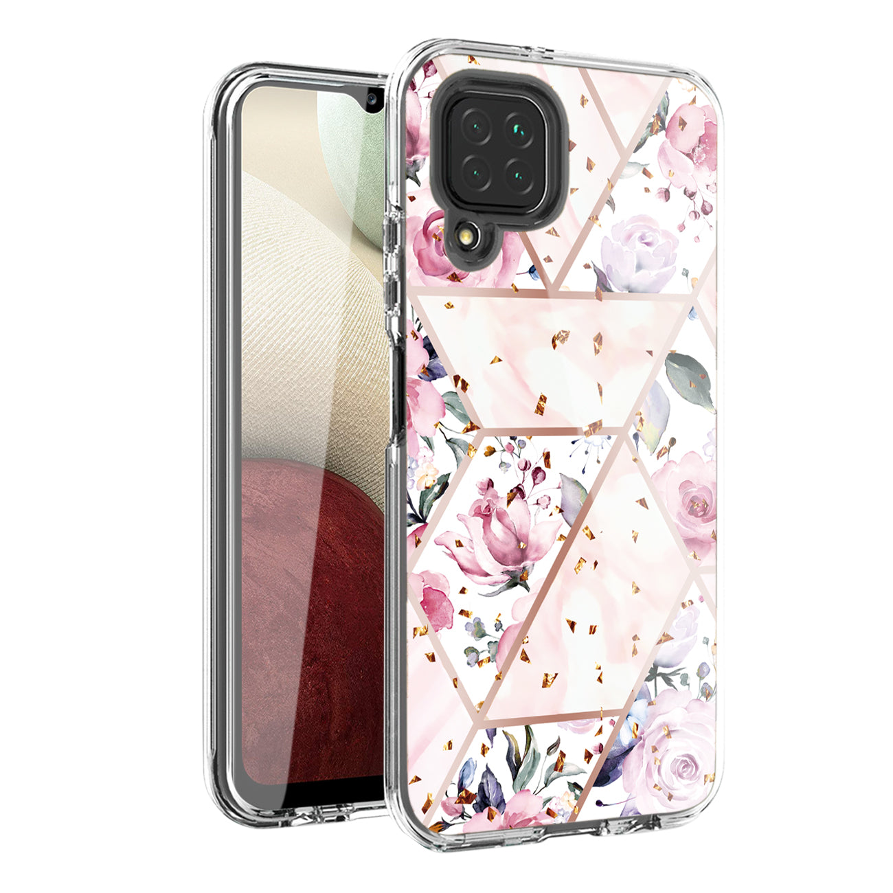 Flower Design Dual Layer Hybrid Hard & Soft TPU Case for SAMS GALAXY A12 5G In Pink Base Flower