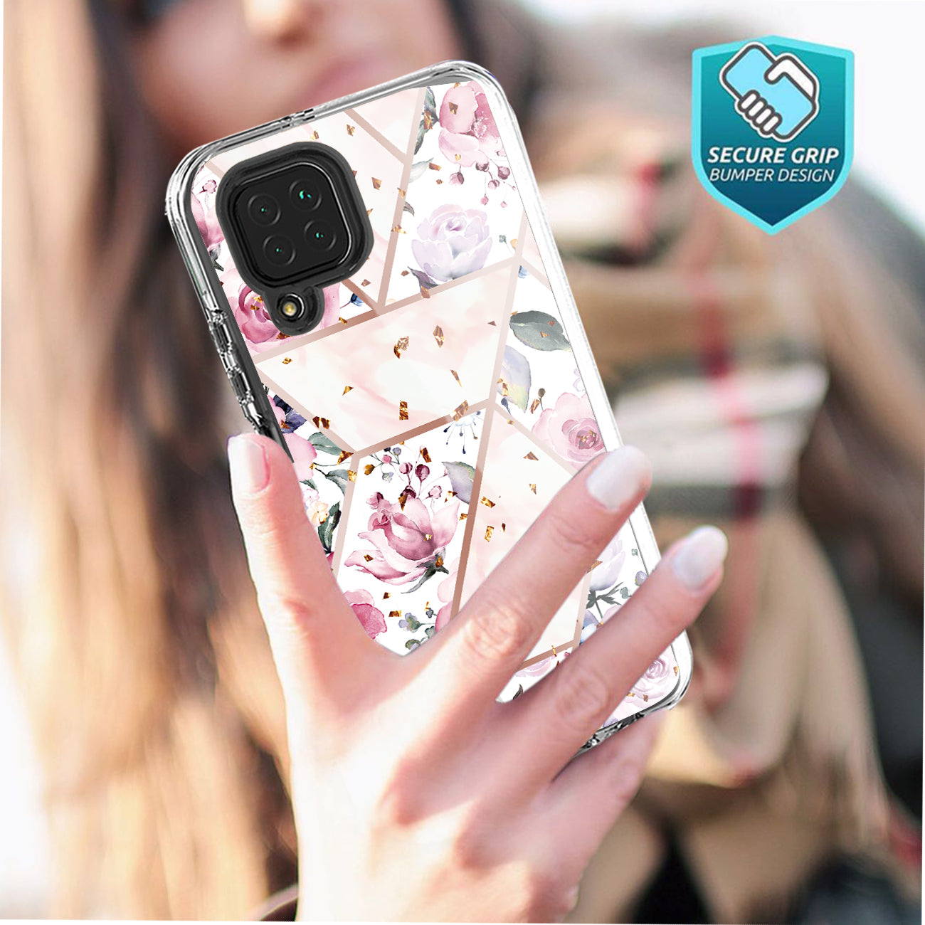 Flower Design Dual Layer Hybrid Hard & Soft TPU Case for SAMS GALAXY A12 5G In Pink Base Flower