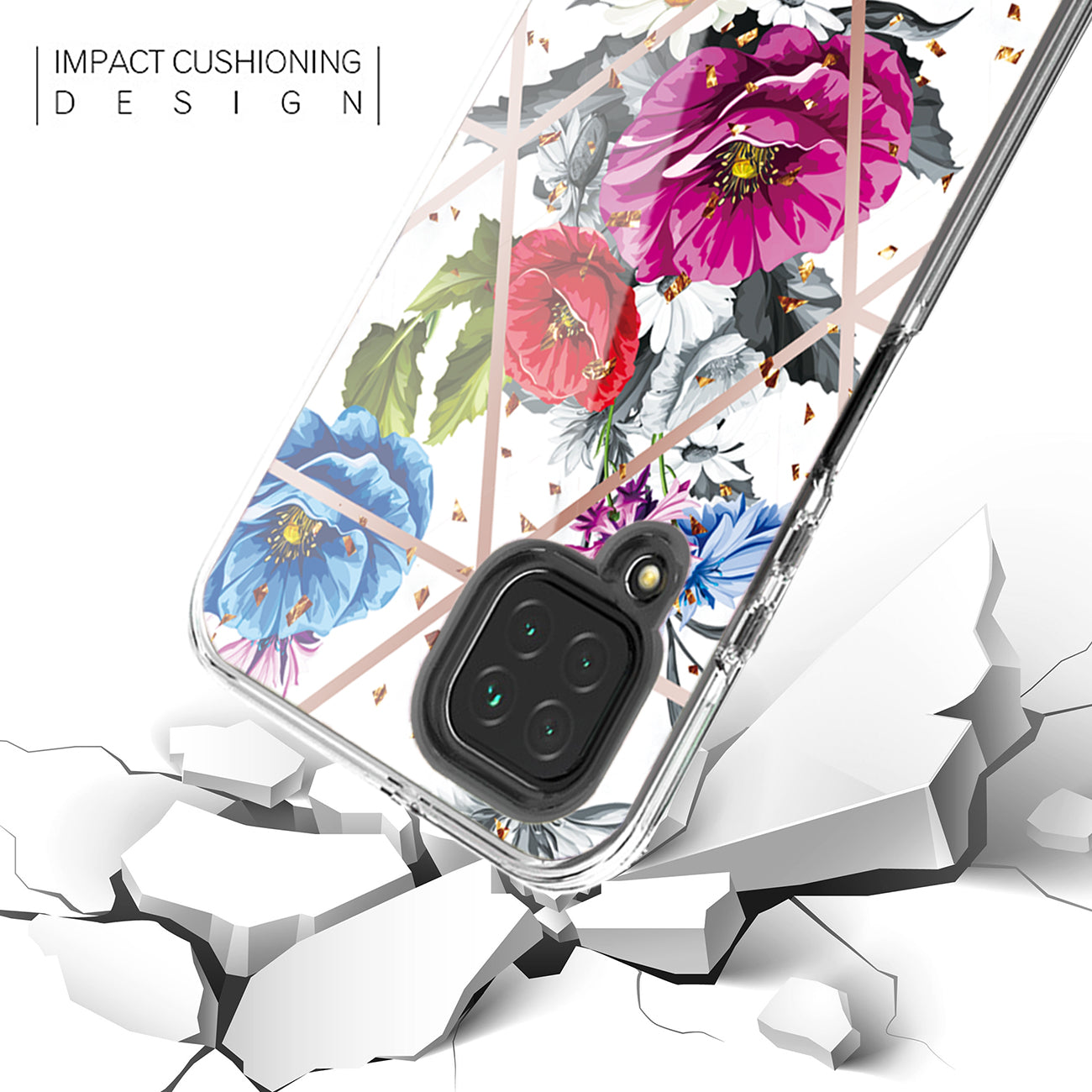Flower Design Dual Layer Hybrid Hard & Soft TPU Case for SAMS GALAXY A12 5G In Blue Base flower