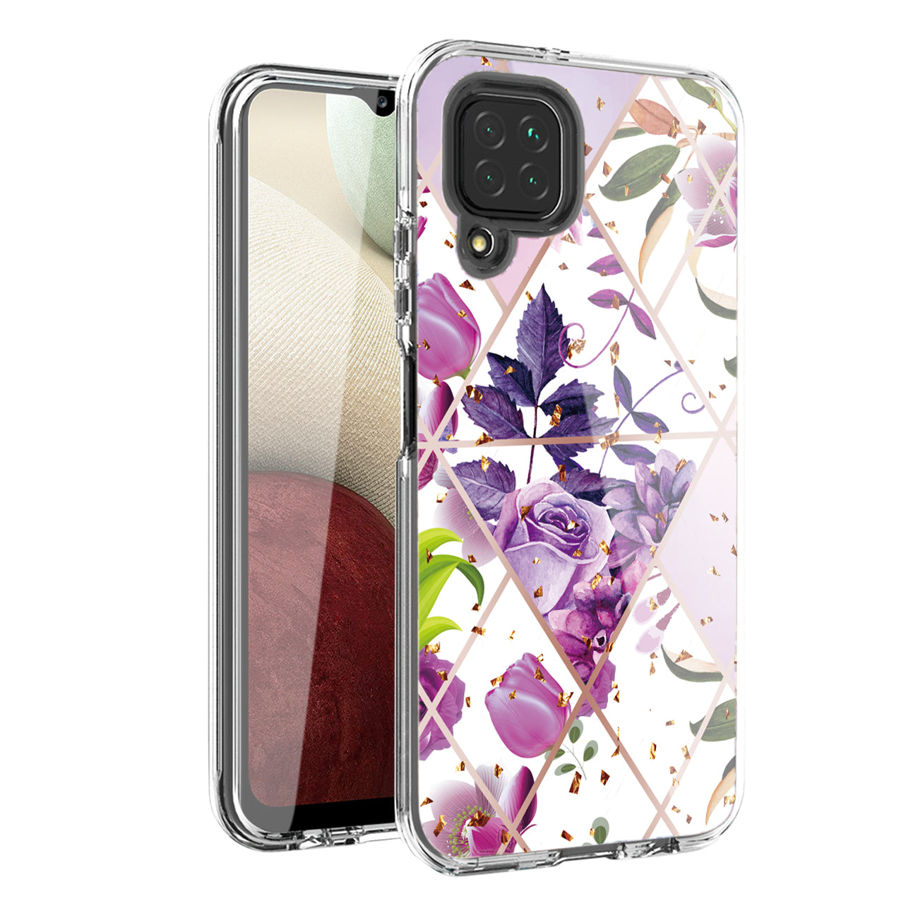 Flower Design Dual Layer Hybrid Hard & Soft TPU Case for SAMS GALAXY A12 5G In Purple Base Flower