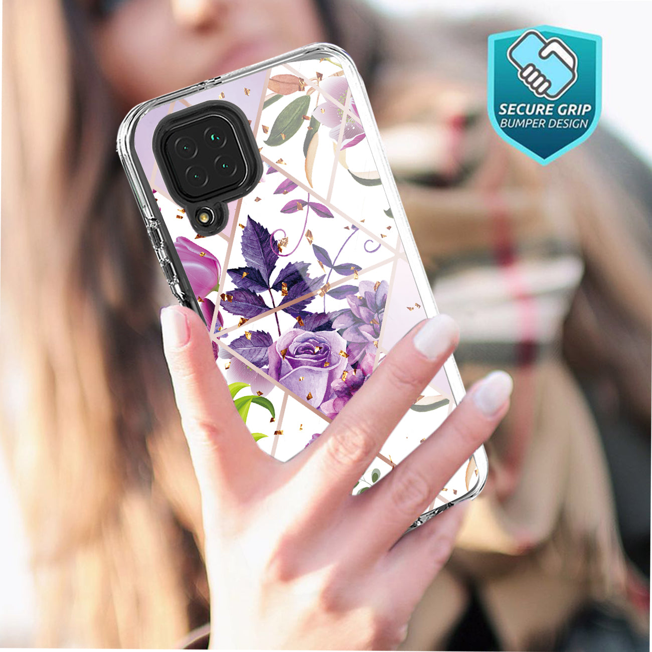 Flower Design Dual Layer Hybrid Hard & Soft TPU Case for SAMS GALAXY A12 5G In Purple Base Flower