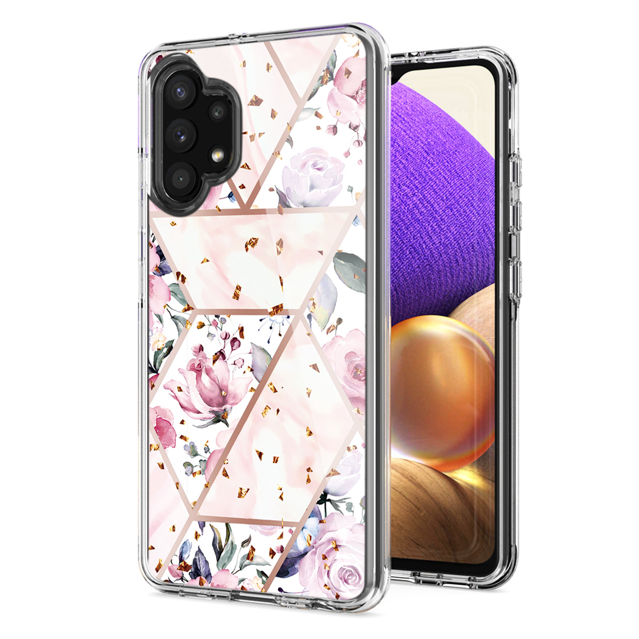 Flower Design Dual Layer Hybrid Hard & Soft TPU Case for SAMS GALAXY A32 5G In Pink Base Flower