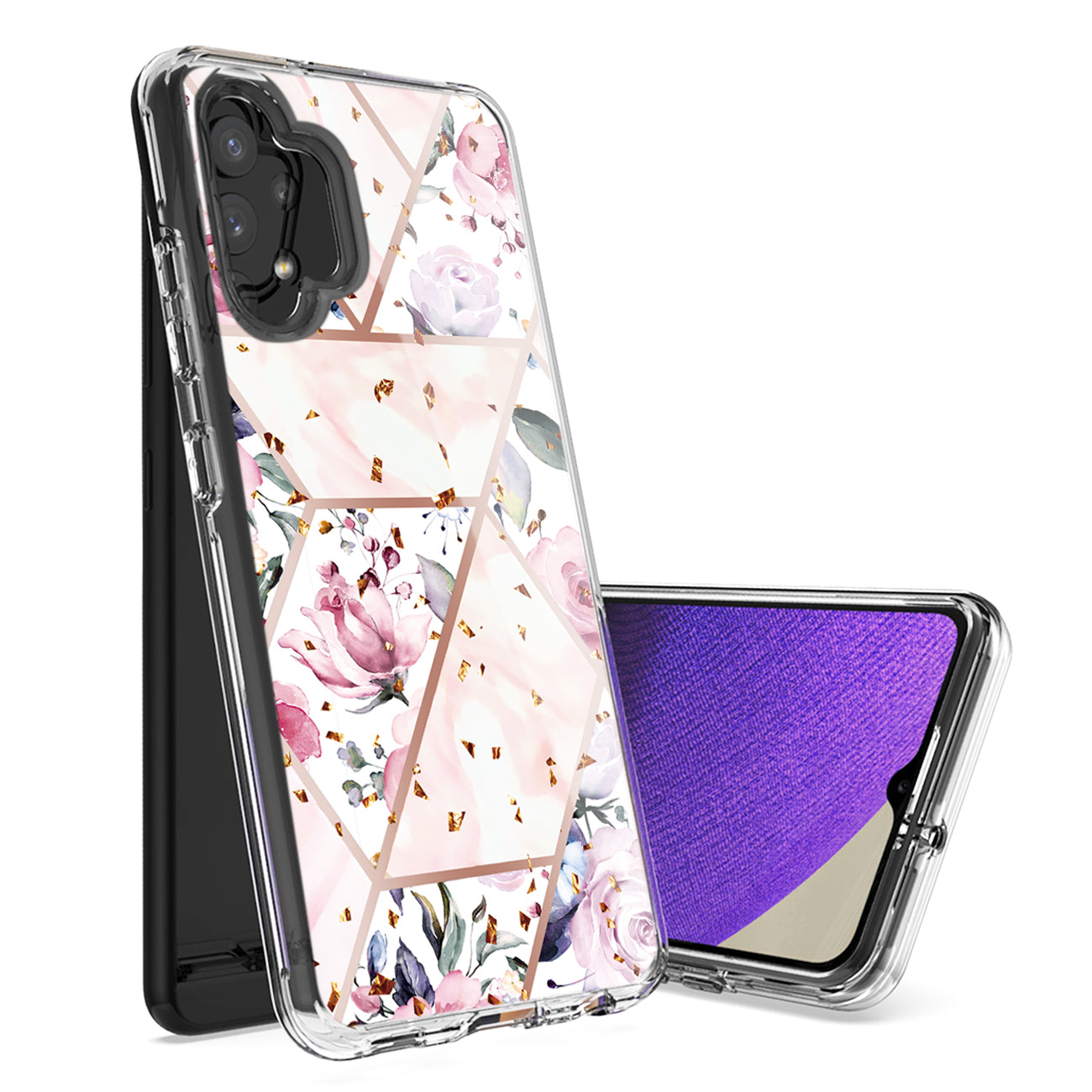 Flower Design Dual Layer Hybrid Hard & Soft TPU Case for SAMS GALAXY A32 5G In Pink Base Flower