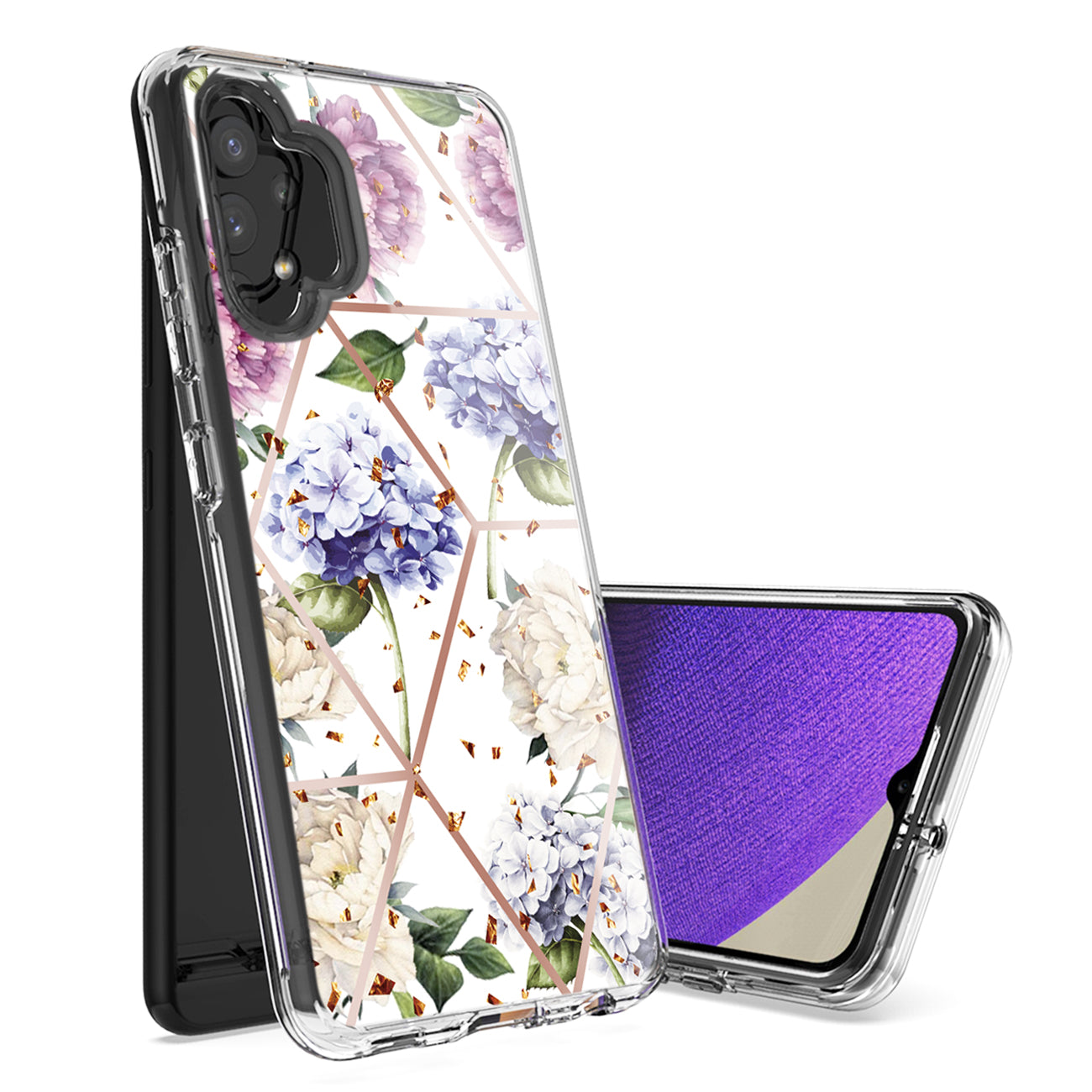 Flower Design Dual Layer Hard & Soft TPU Case for SAMS GALAXY A32 5G In Light Purple Base Flower