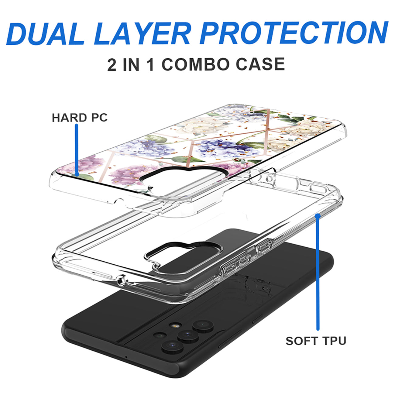 Flower Design Dual Layer Hard & Soft TPU Case for SAMS GALAXY A32 5G In Light Purple Base Flower