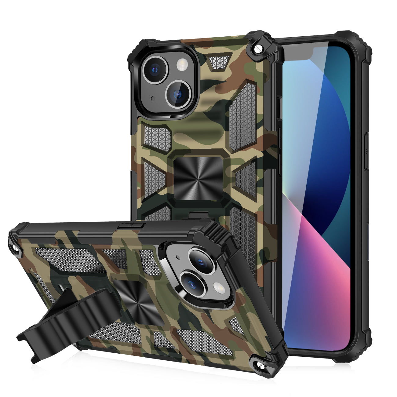 Built-in Kickstand TPU Case with Magnetic Mount for APPLE IPHONE 13 in Camouflage
