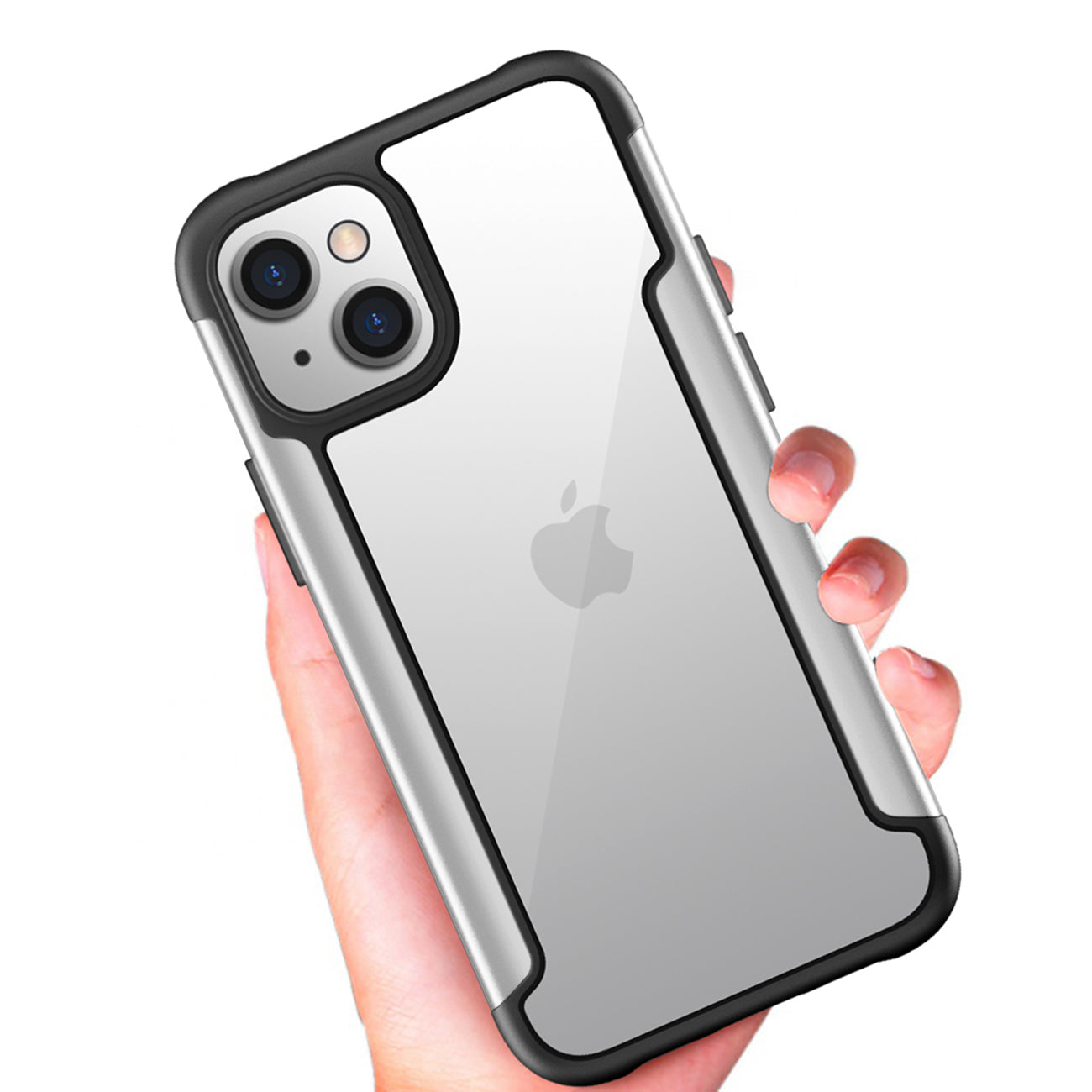 High Quality Clean PC,TPU and Metal Bumper Case For iPhone 13 Mini In Silver