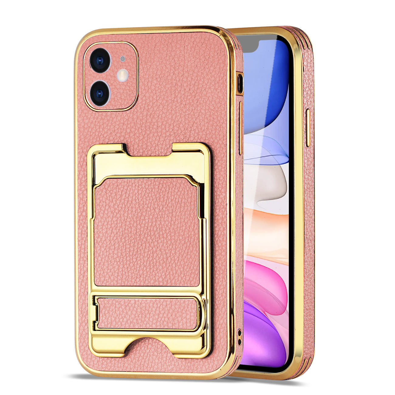 IPHONE 11 Leather Case with Card Holder In Pink