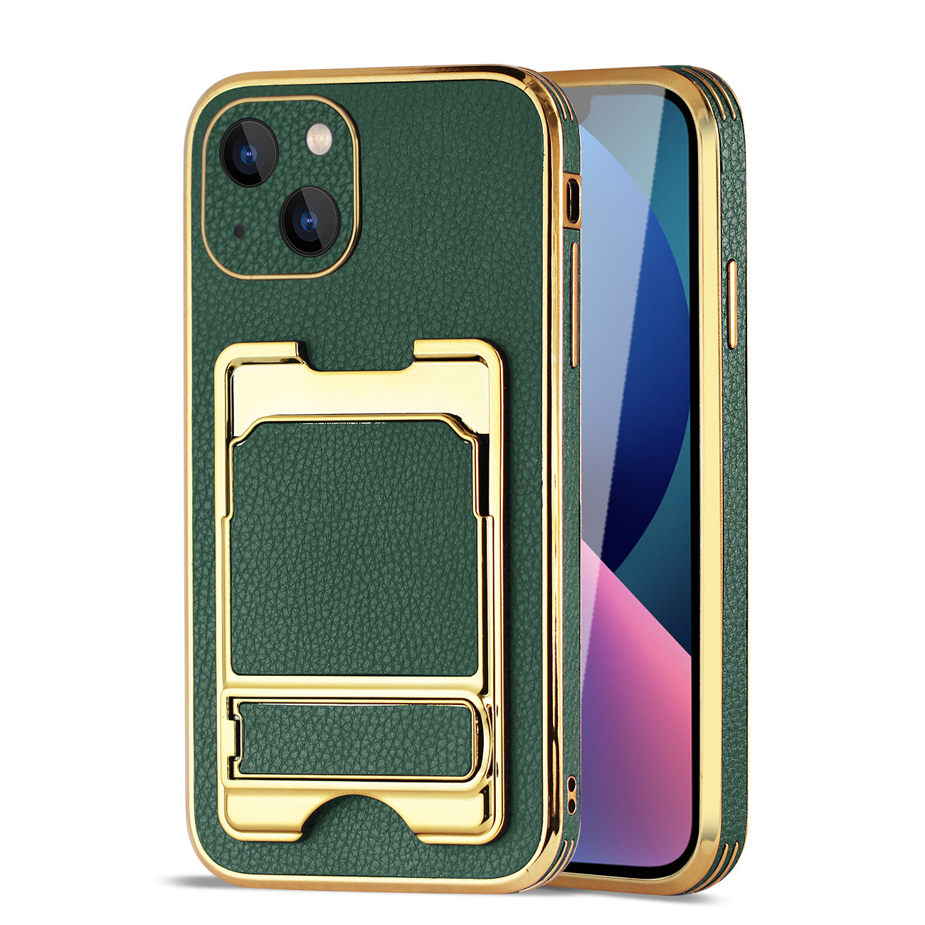 IPHONE 13 Leather Case with Card Holder In Green