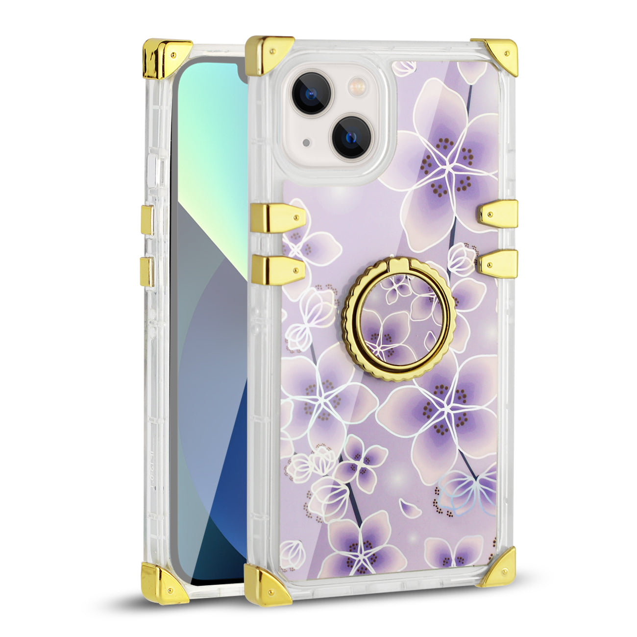 IPHONE 13 Floral Print Case with Ring Holder In Purple