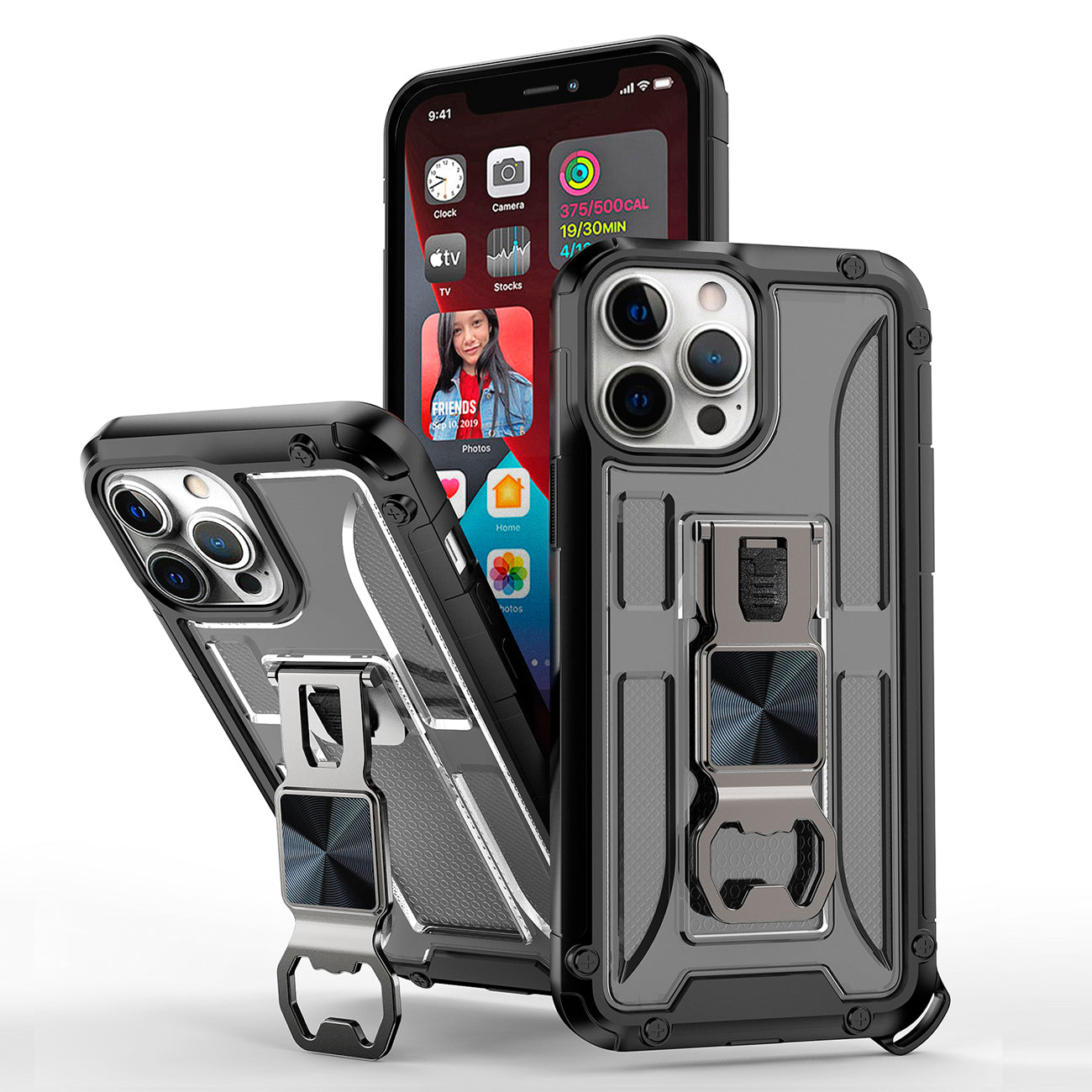 Kickstand Ring Holder/Bottle Opener with Magnetic Car Mount for APPLE IPHONE 13 PRO MAX In Black