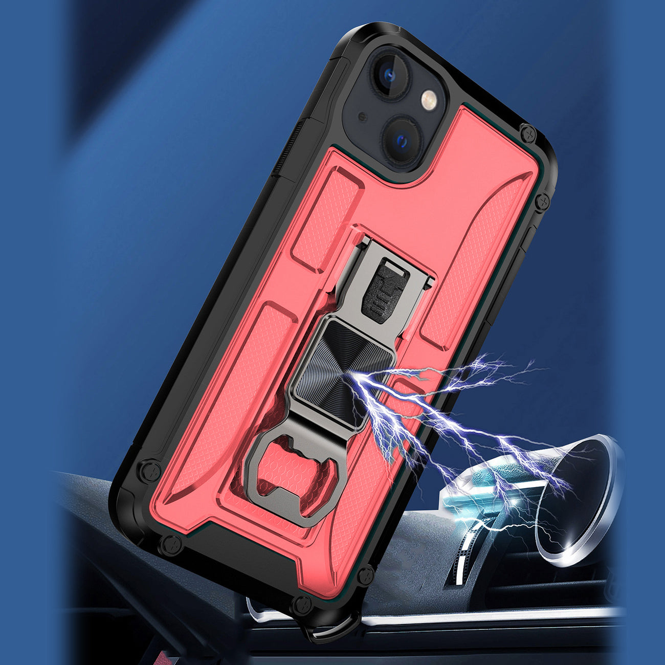 Kickstand Ring Holder/Bottle Opener with Magnetic Car Mount for APPLE IPHONE 13 In Red