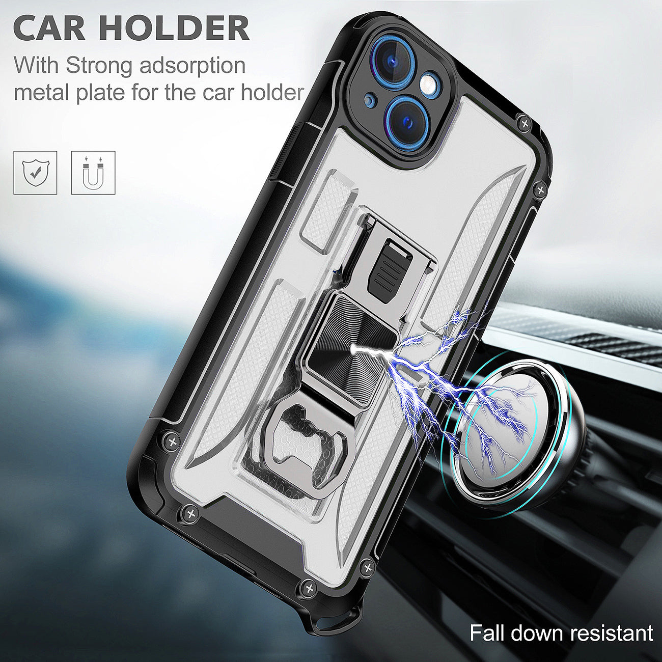 Kickstand Ring Holder/Bottle Opener with Magnetic Car Mount for IPHONE 14 PLUS In Clear