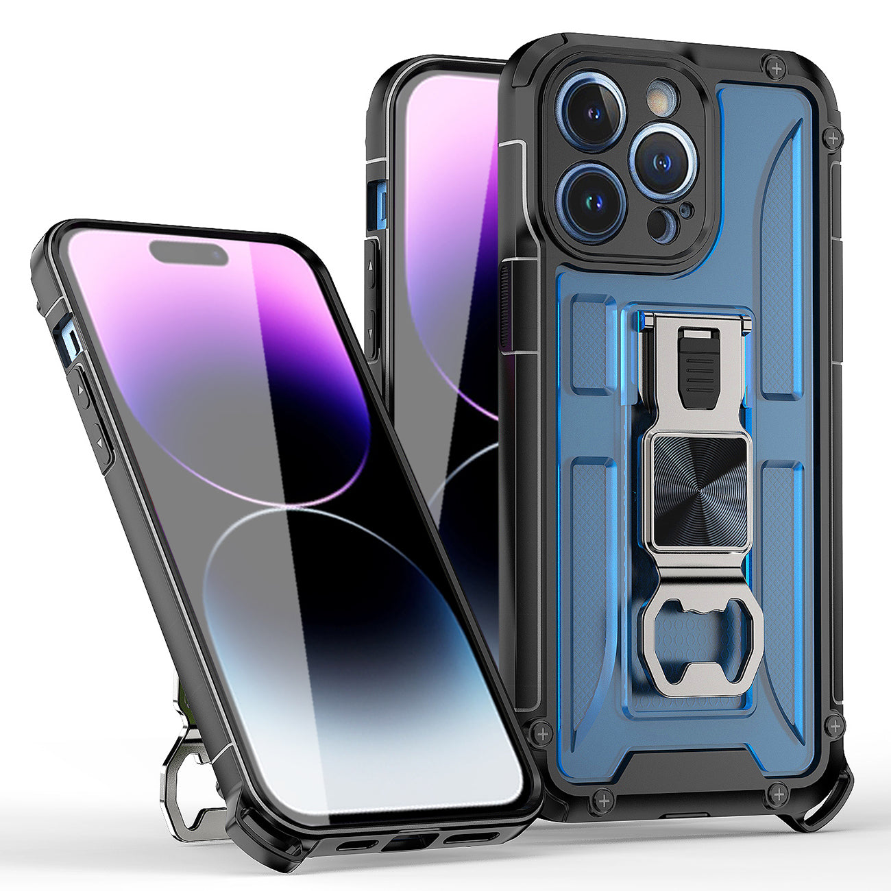 Kickstand Ring Holder/Bottle Opener with Magnetic Car Mount for IPHONE 14 PRO In Blue