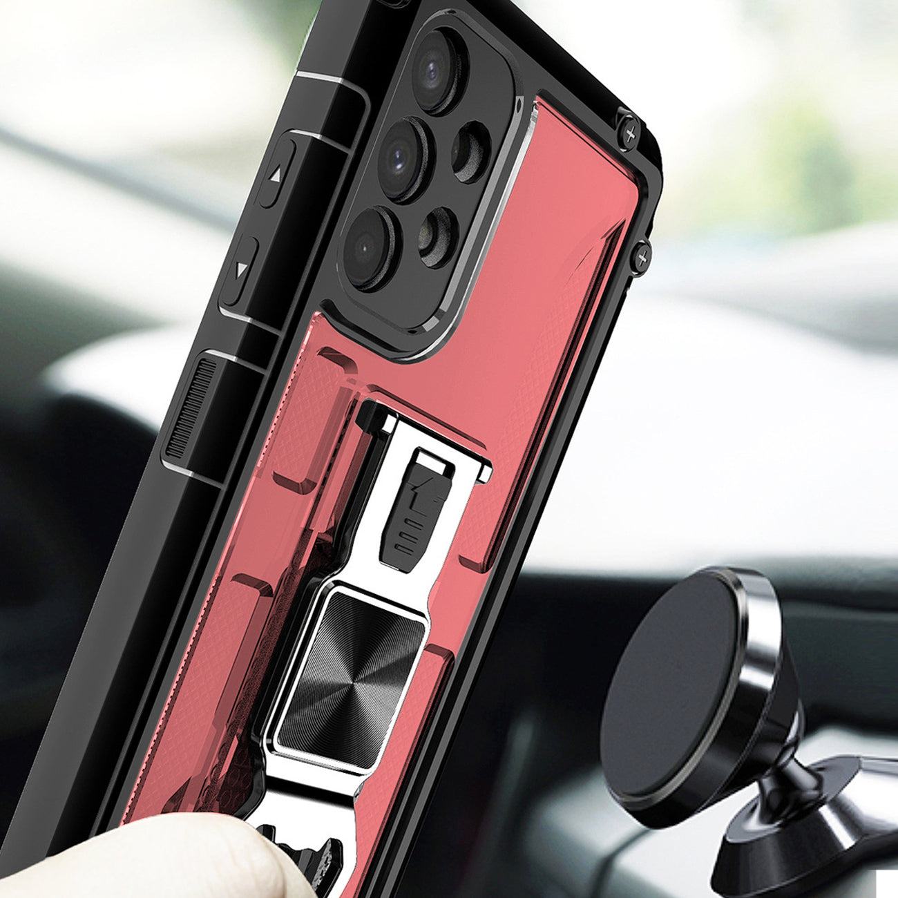 Kickstand Ring Holder/Bottle Opener with Magnetic Car Mount for Samsung Galaxy A53 5G In Red