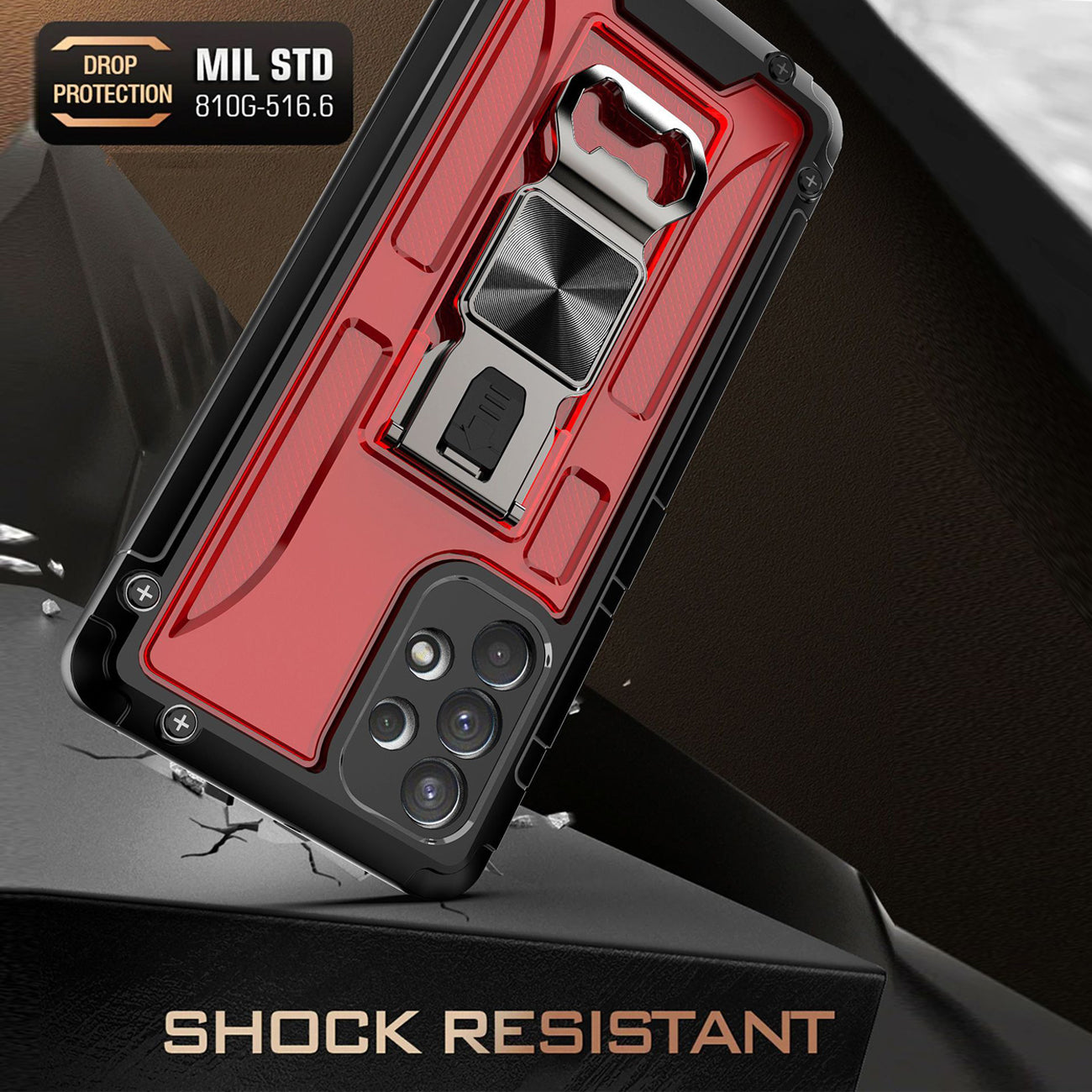Kickstand Ring Holder/Bottle Opener with Magnetic Car Mount for Samsung Galaxy A53 5G In Red