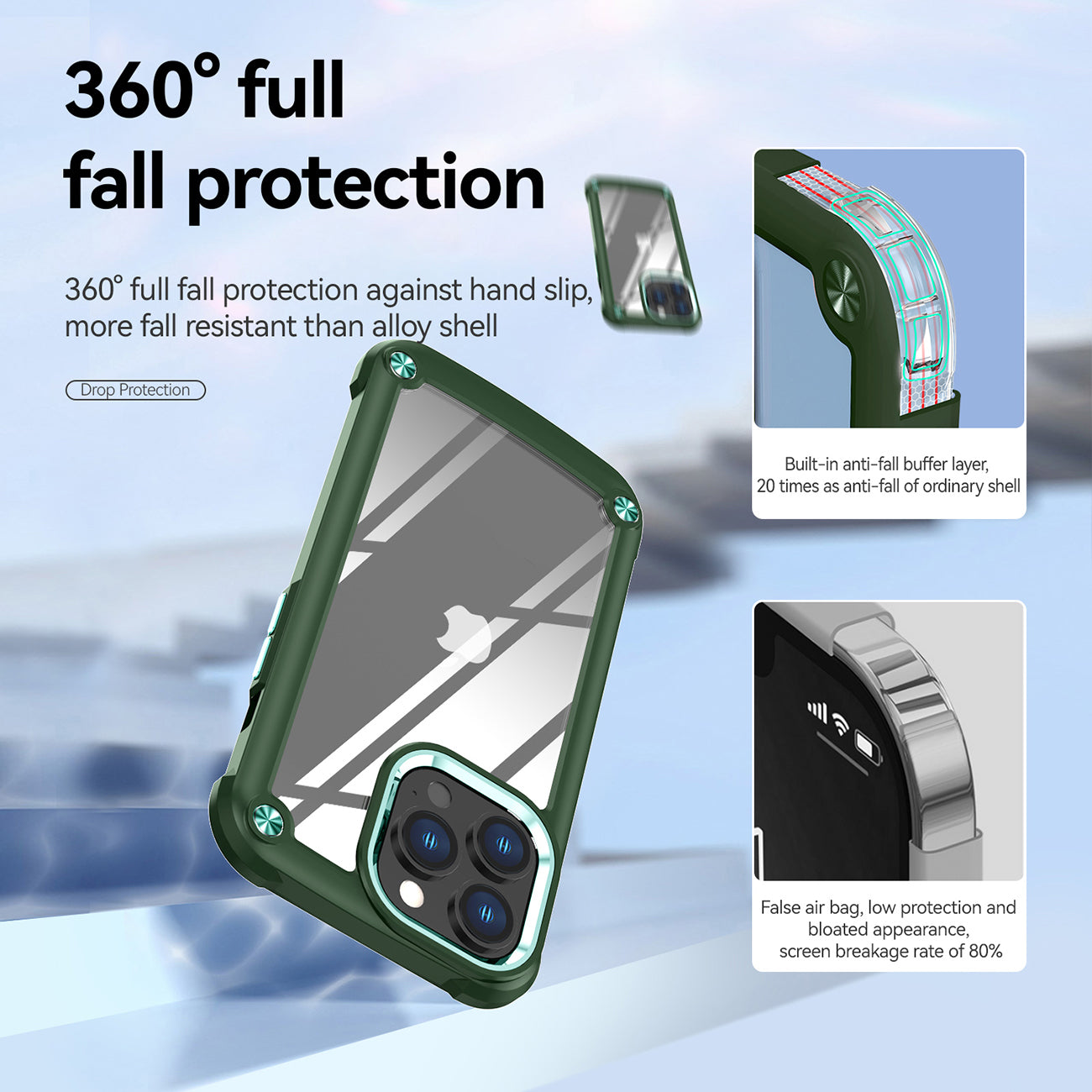 High Quality Clean PC,TPU and Metal Bumper Case For iPhone 13 PRO MAX In Green