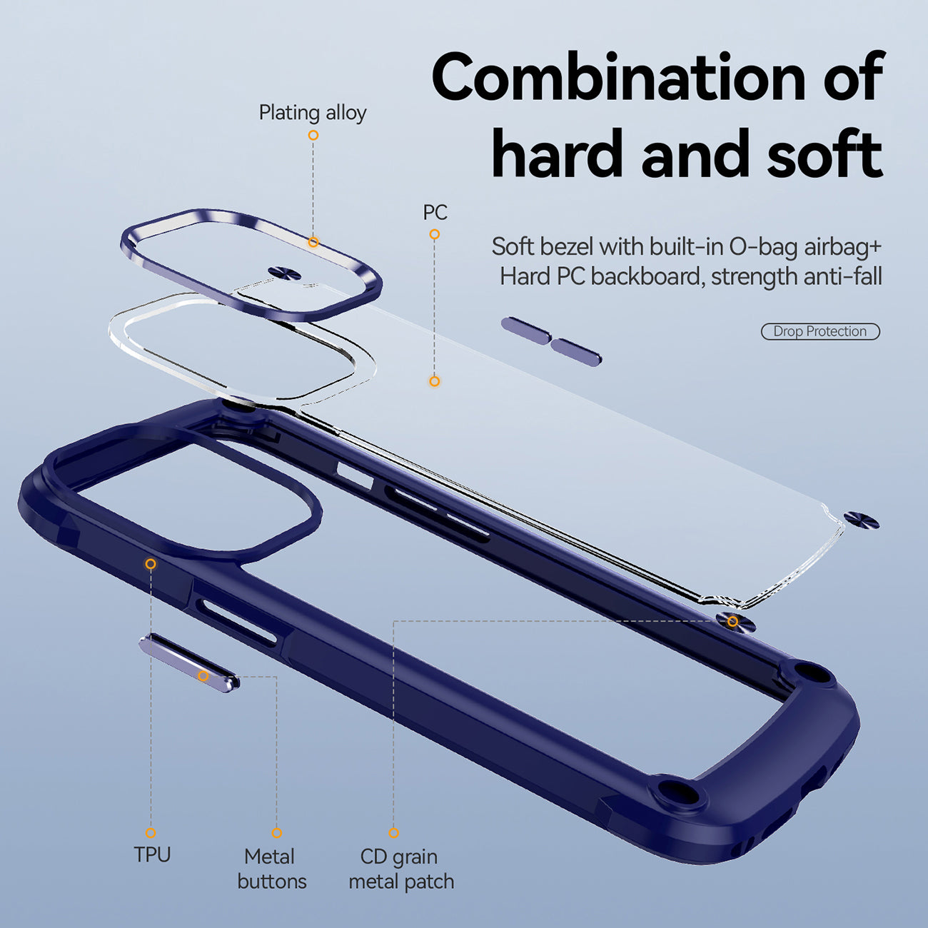 High Quality Clean PC,TPU and Metal Bumper Case For iPhone 13 PRO In Navy