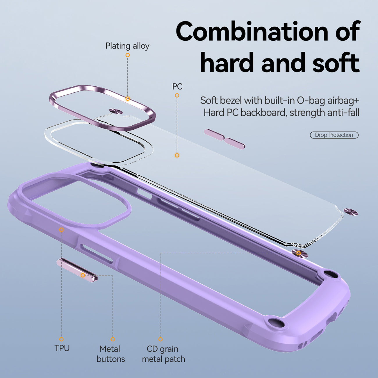 High Quality Clean PC,TPU and Metal Bumper Case For iPhone 13 PRO In Purple