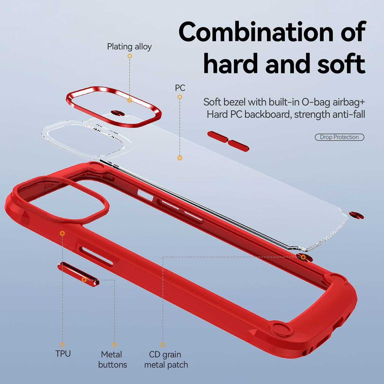 High Quality Clean PC,TPU and Metal Bumper Case For iPhone 13 In Red