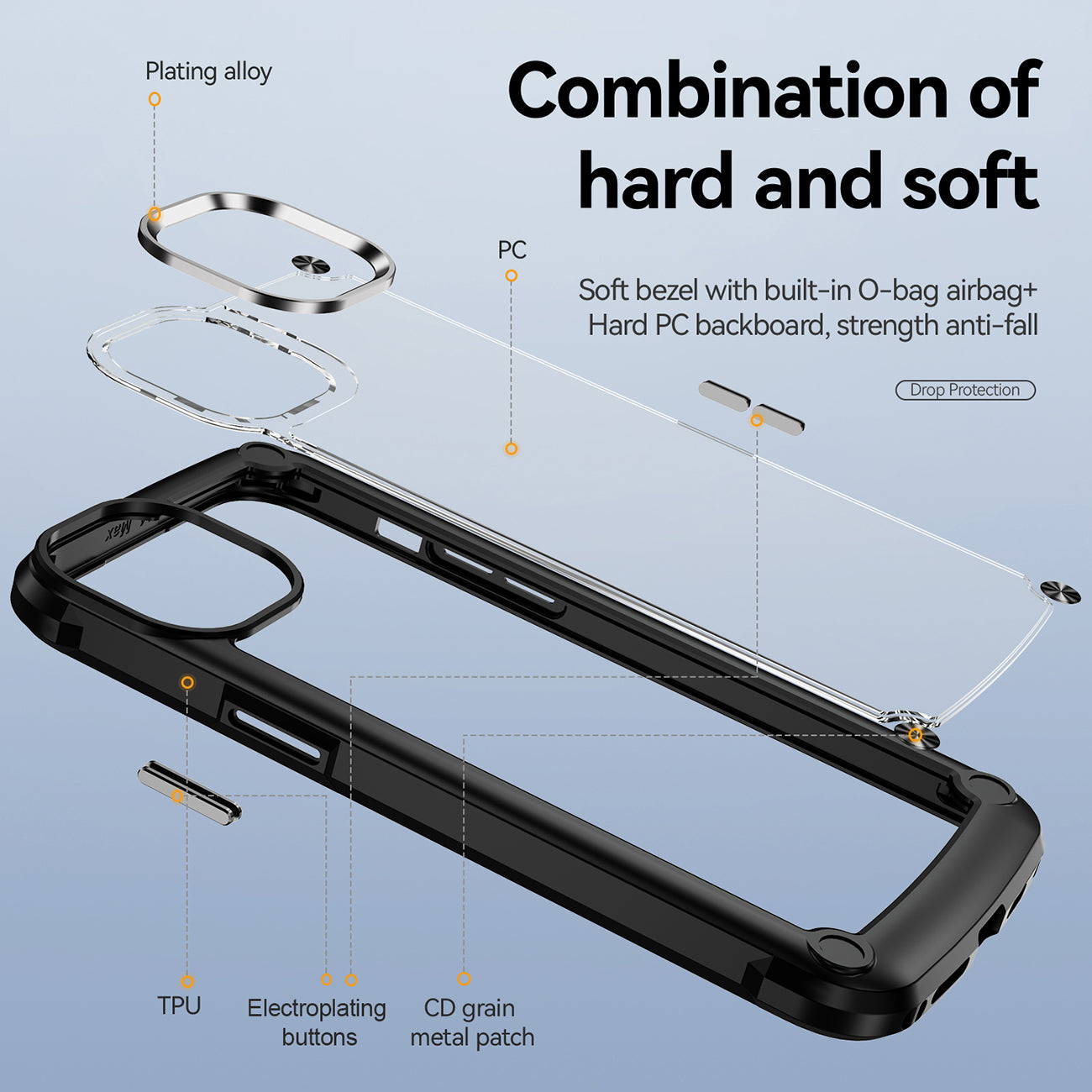High Quality Clean PC,TPU and Metal Bumper Case For iPhone 14 Plus In Black