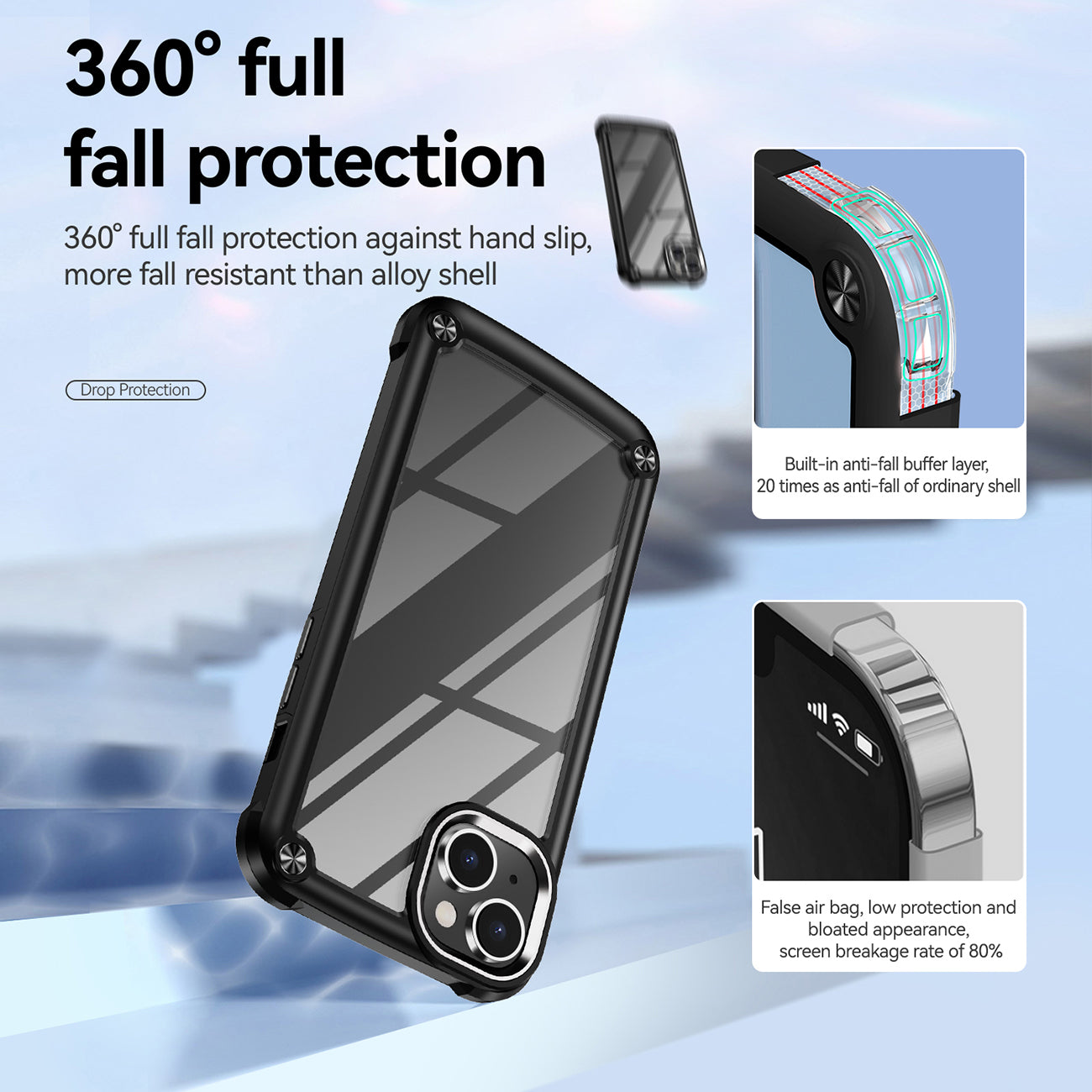 High Quality Clean PC,TPU and Metal Bumper Case For iPhone 14 Plus In Black