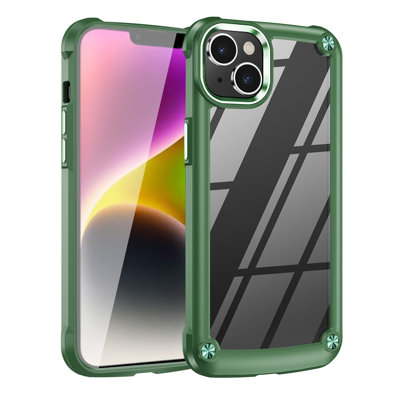 High Quality Clean PC,TPU and Metal Bumper Case For iPhone 14 Plus In Green