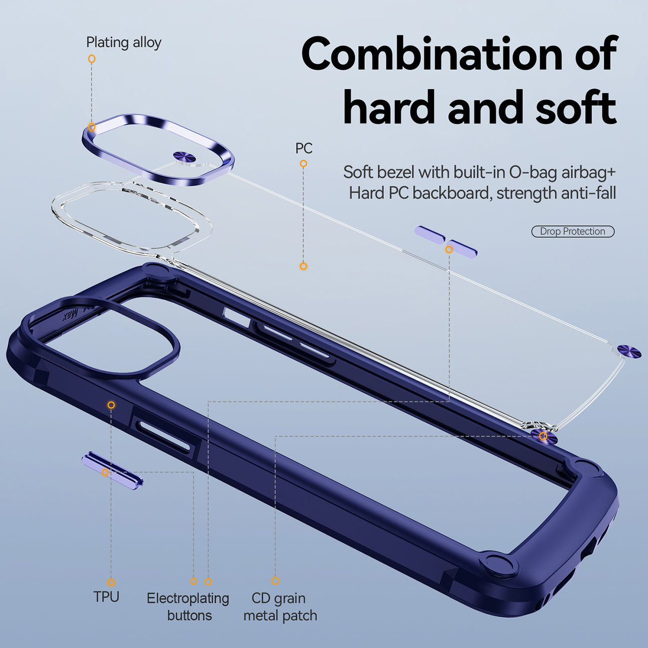 High Quality Clean PC,TPU and Metal Bumper Case For iPhone 14 Plus In Navy