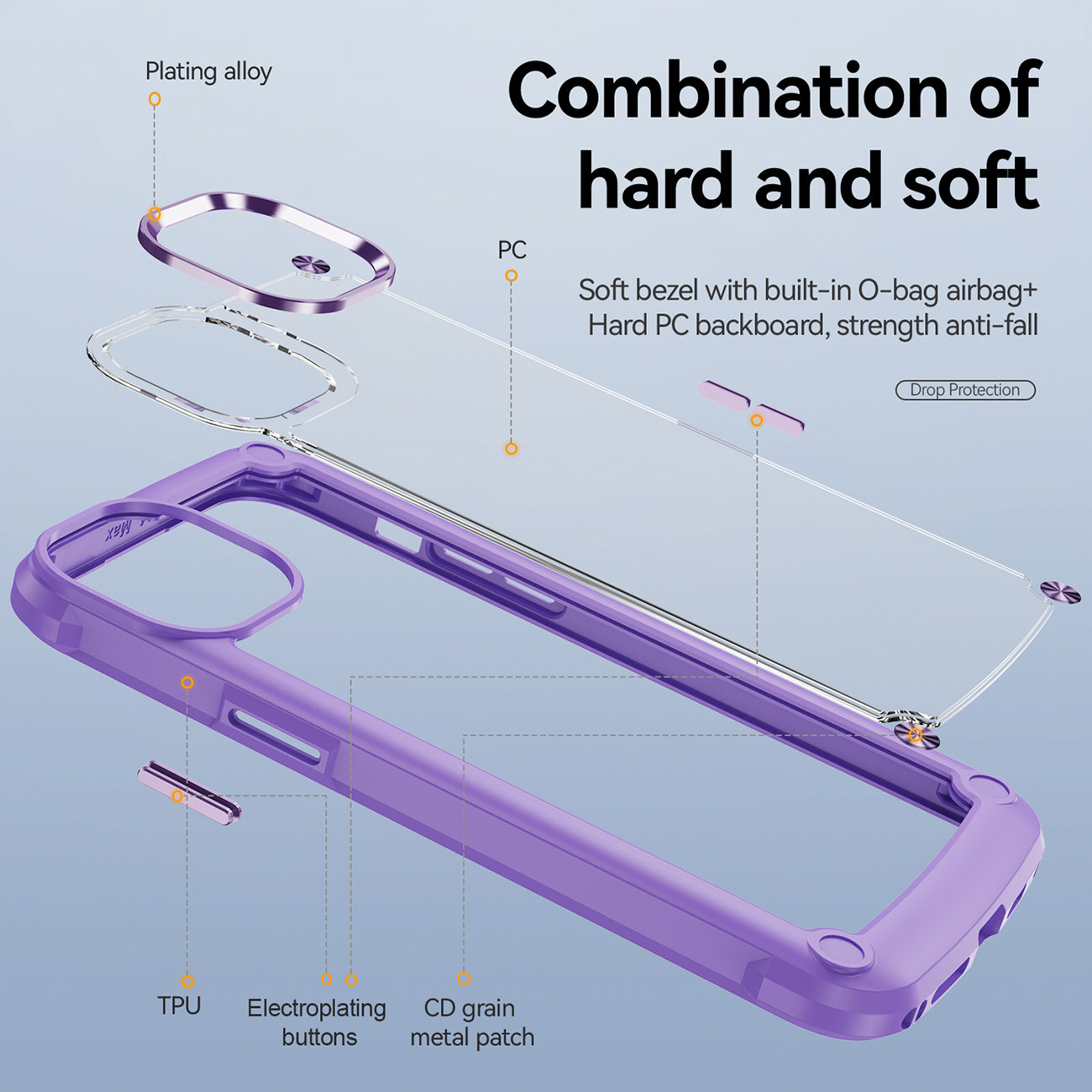 High Quality Clean PC,TPU and Metal Bumper Case For iPhone 14 Plus In Purple