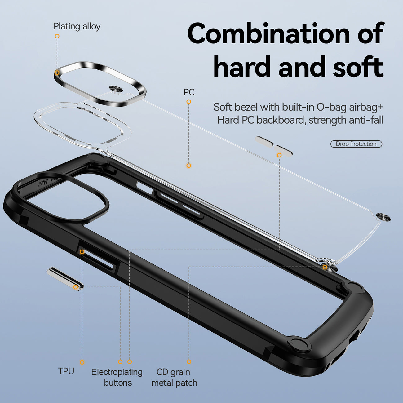 High Quality Clean PC,TPU and Metal Bumper Case For iPhone 14 PRO In Black