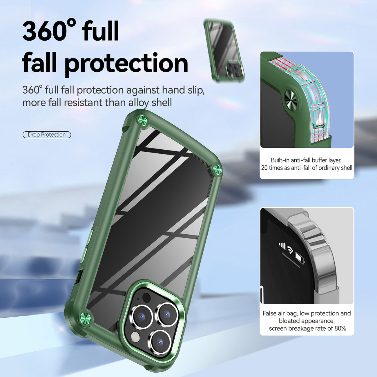 High Quality Clean PC,TPU and Metal Bumper Case For iPhone 14 PRO MAX In Green