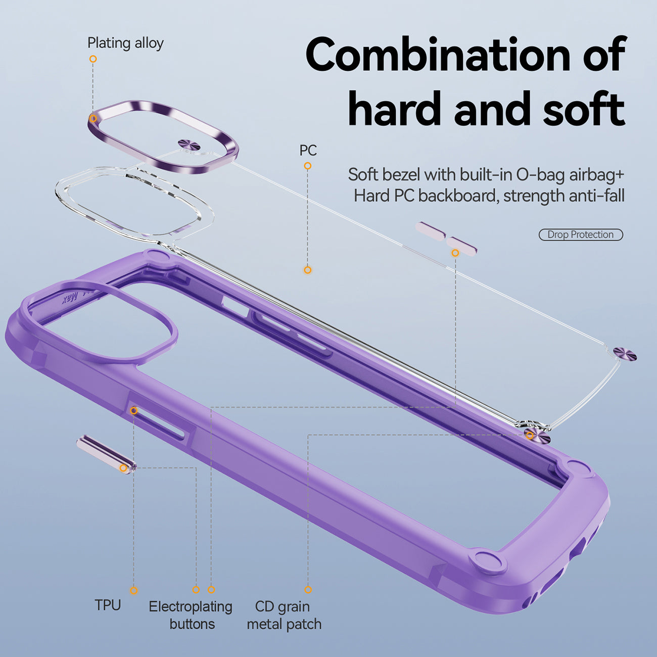 High Quality Clean PC,TPU and Metal Bumper Case For iPhone 14 PRO MAX In Purple