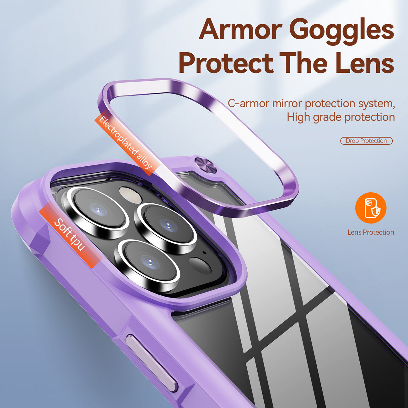 High Quality Clean PC,TPU and Metal Bumper Case For iPhone 14 PRO MAX In Purple