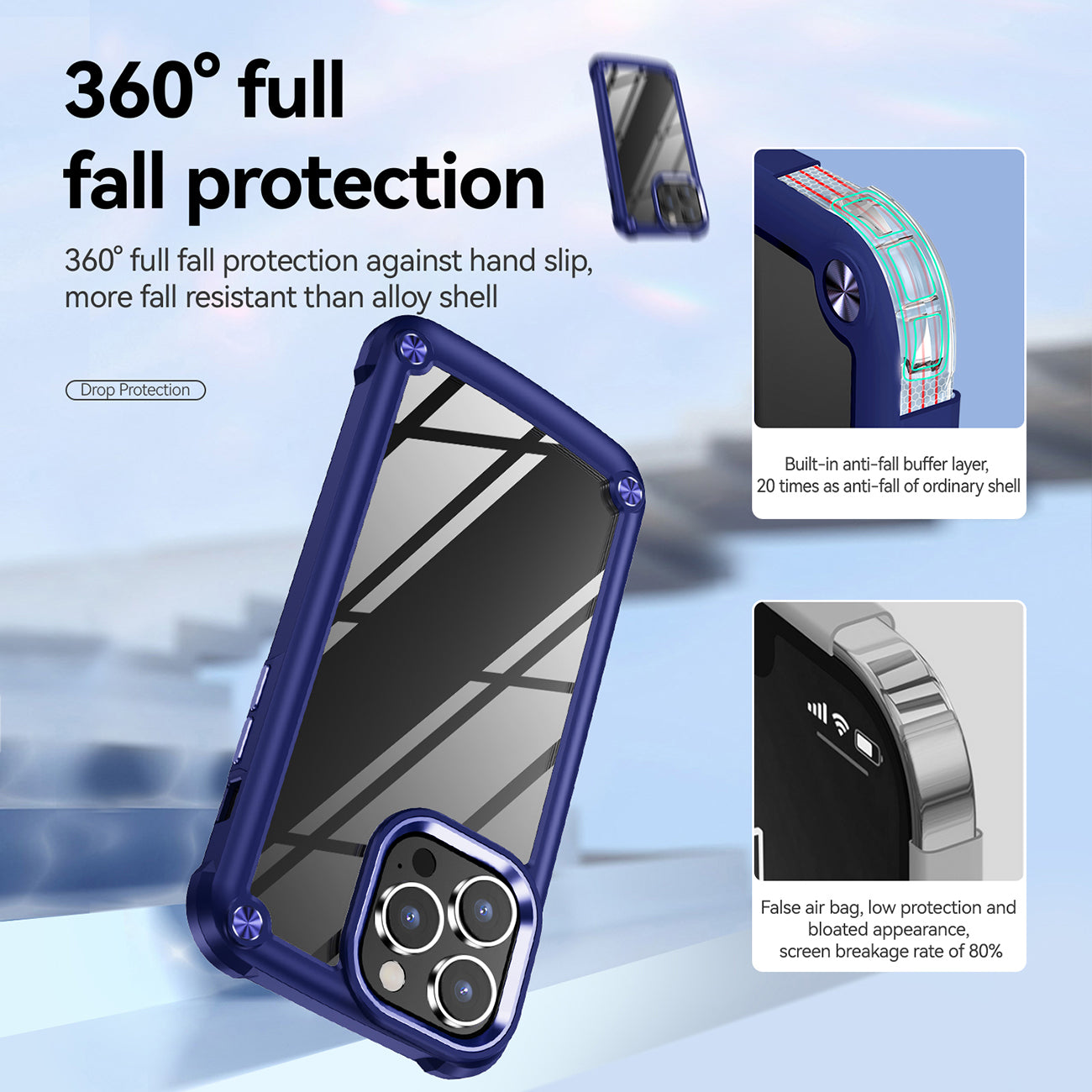 High Quality Clean PC,TPU and Metal Bumper Case For iPhone 14 PRO In Navy