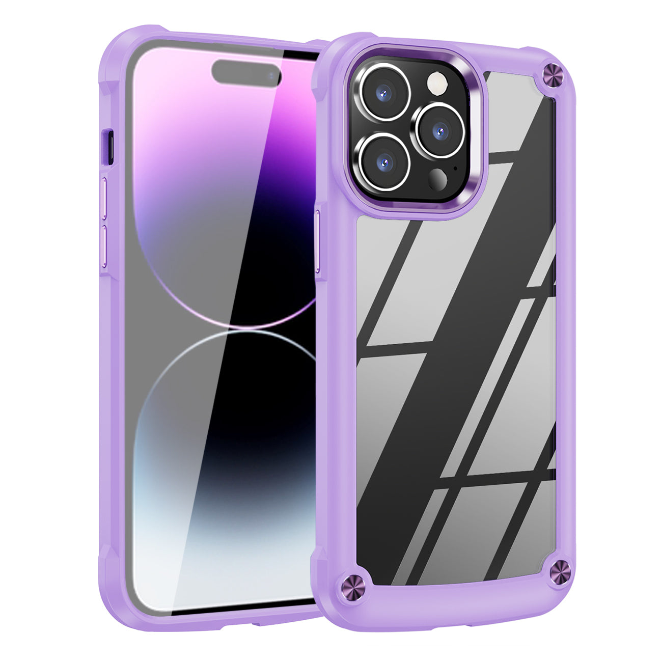 High Quality Clean PC,TPU and Metal Bumper Case For iPhone 14 PRO In Purple