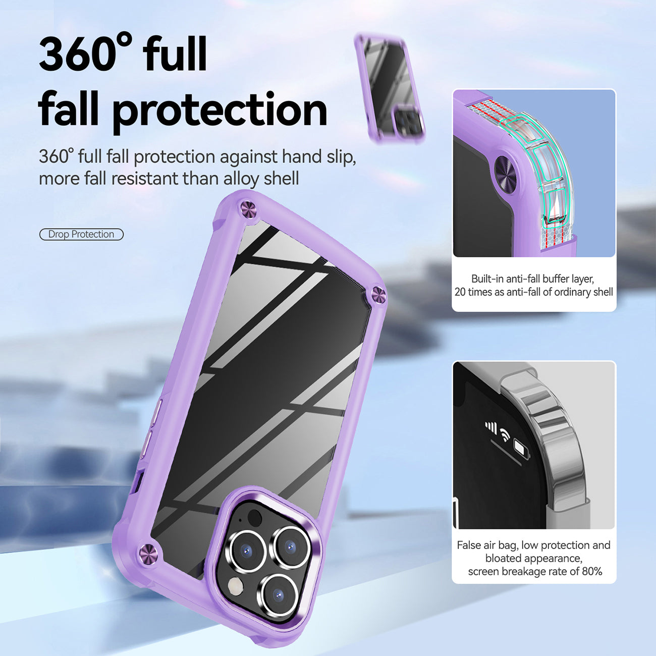 High Quality Clean PC,TPU and Metal Bumper Case For iPhone 14 PRO In Purple