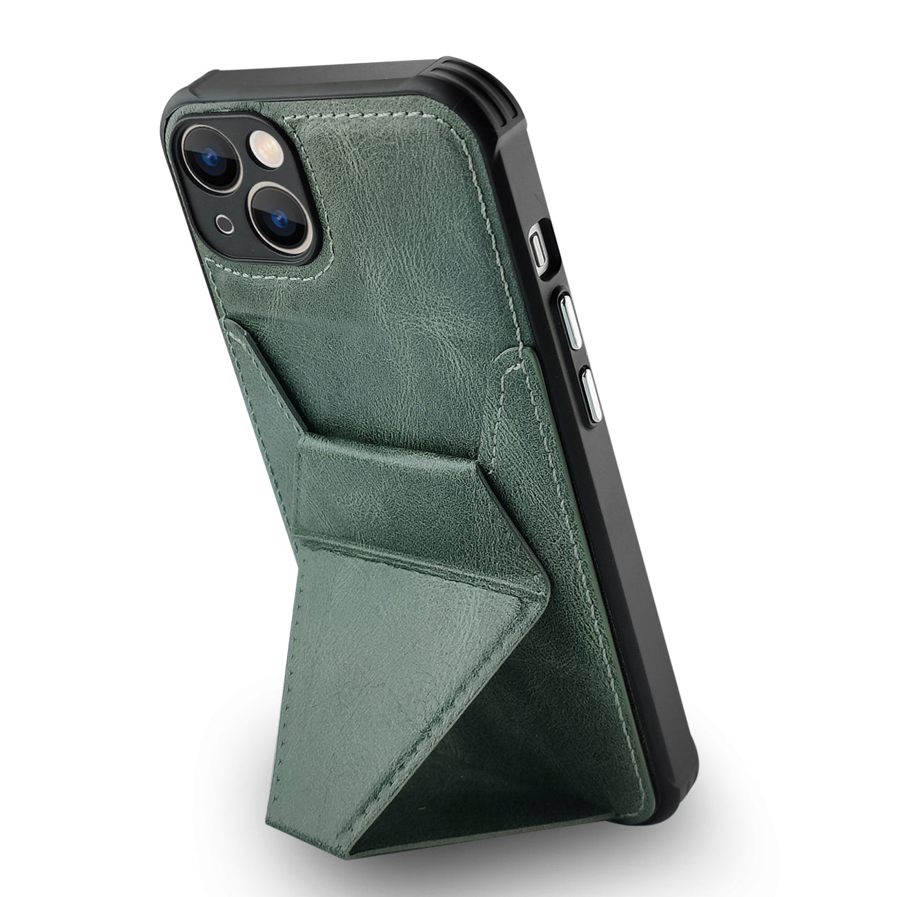 TPU Leather Phone Case for Apple iPhone 13 with Card Holder Strap In Green