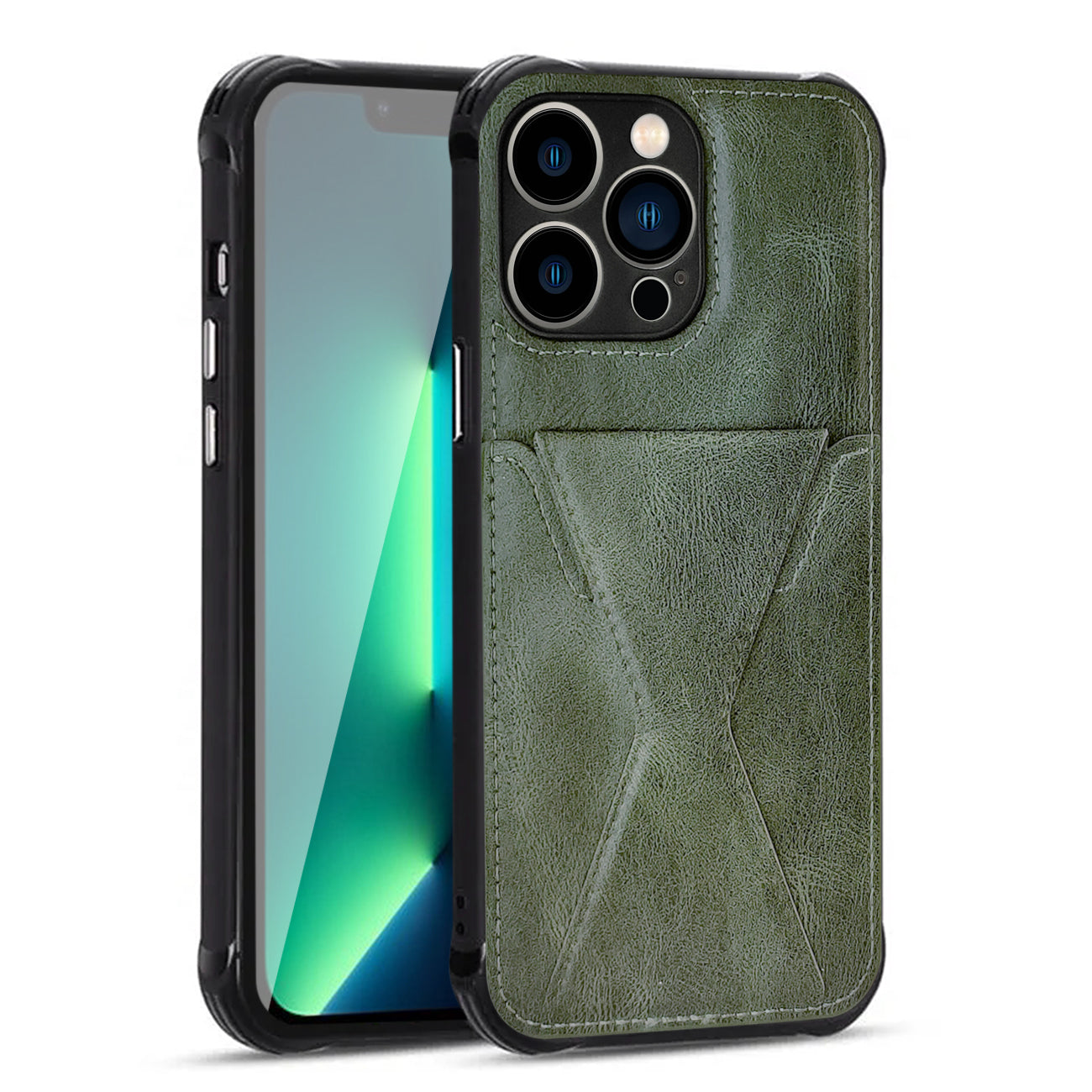TPU Leather Phone Case for Apple iPhone 13 PRO with Card Holder Strap In Green