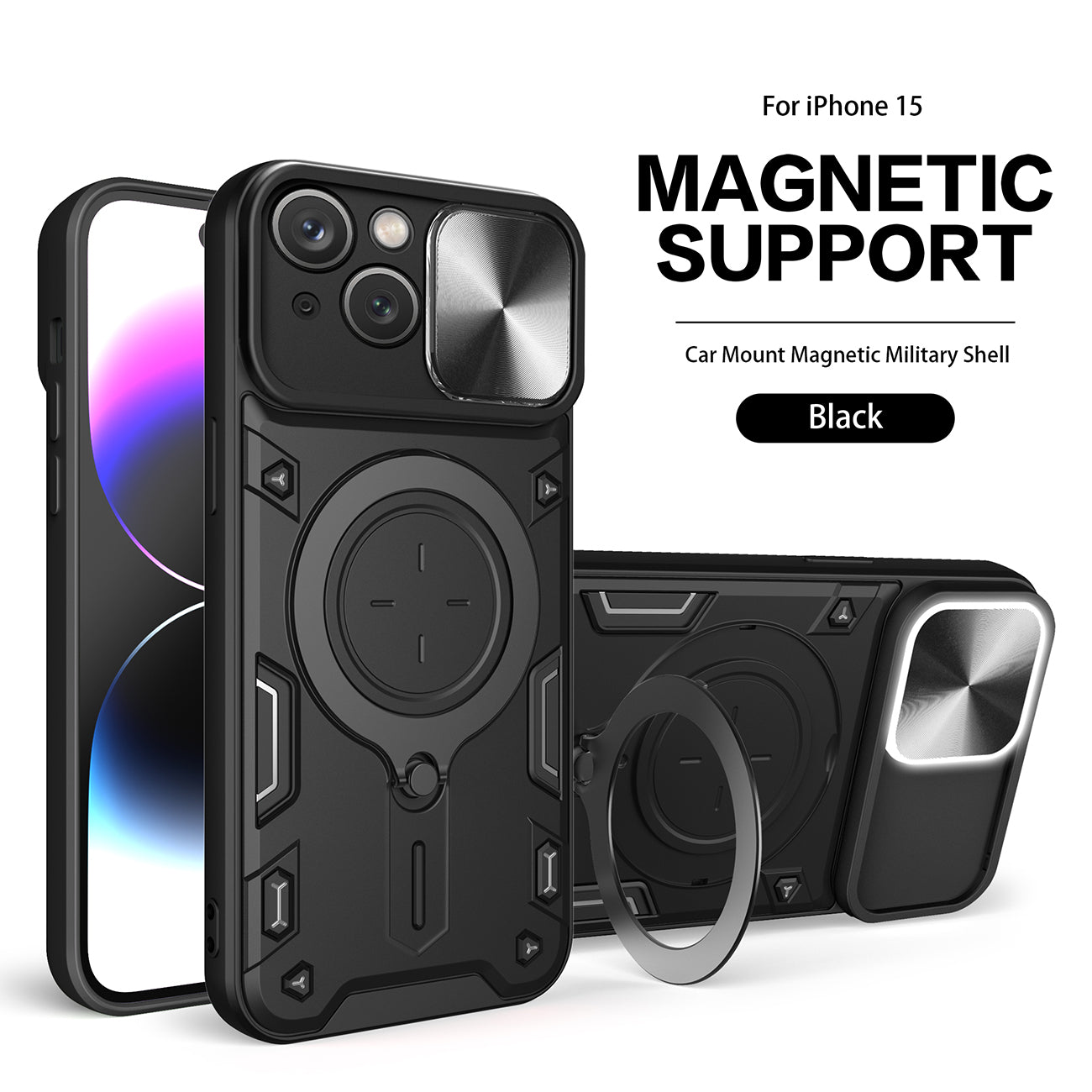 TPU PC Shockproof Magnetic Phone Case with Free Adjustment Ring Holder for IPHONE 15 in Black
