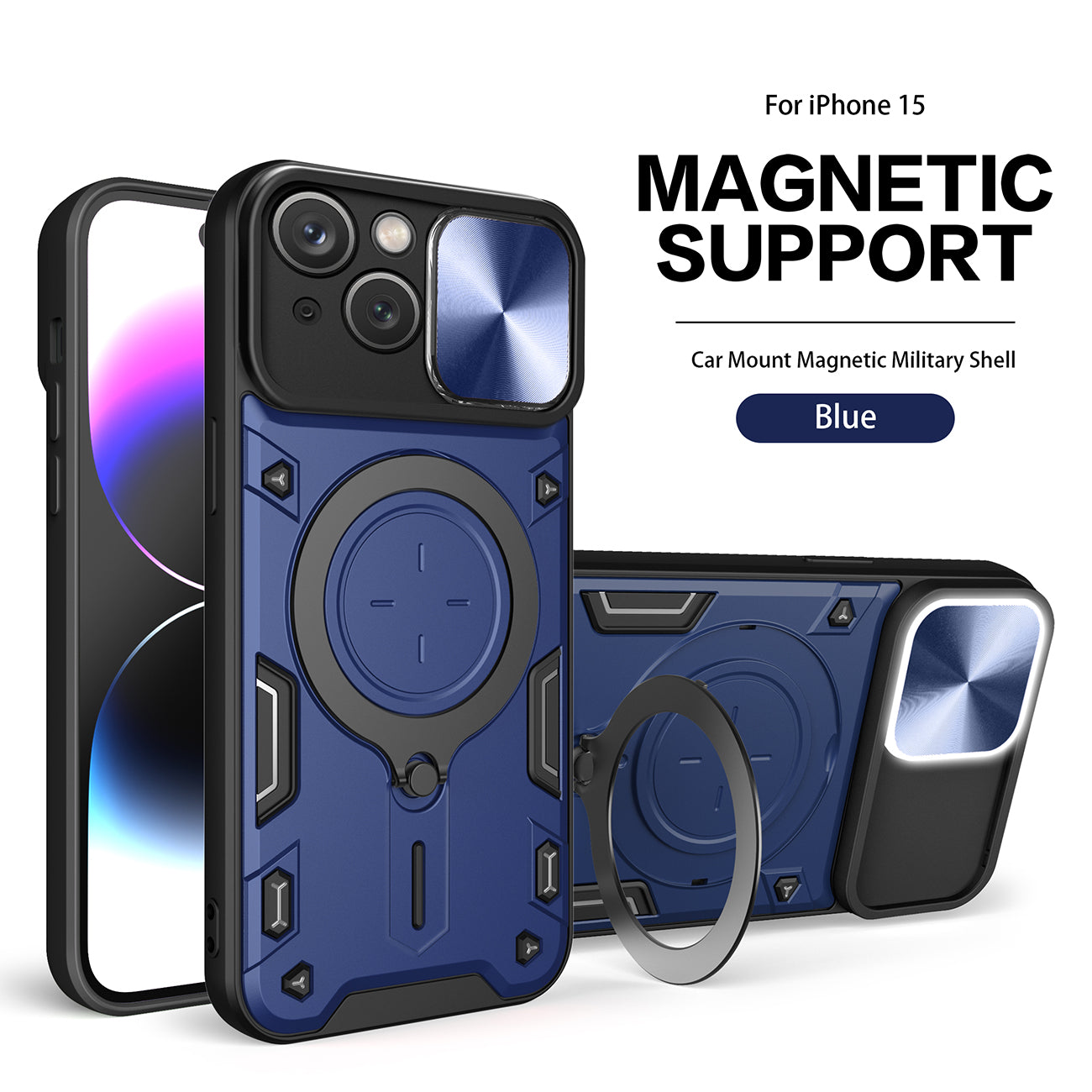 TPU PC Shockproof Magnetic Phone Case with Free Adjustment Ring Holder for IPHONE 15 in Blue