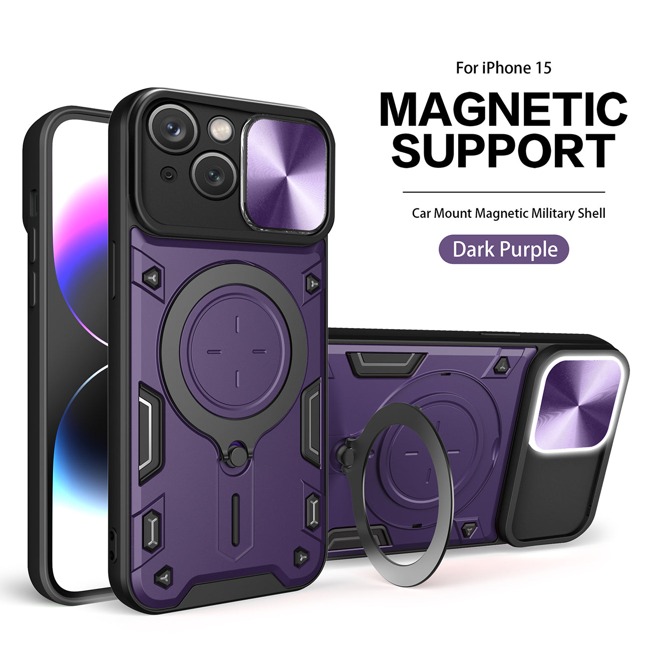 TPU PC Shockproof Magnetic Phone Case with Free Adjustment Ring Holder for IPHONE 15 in Purple